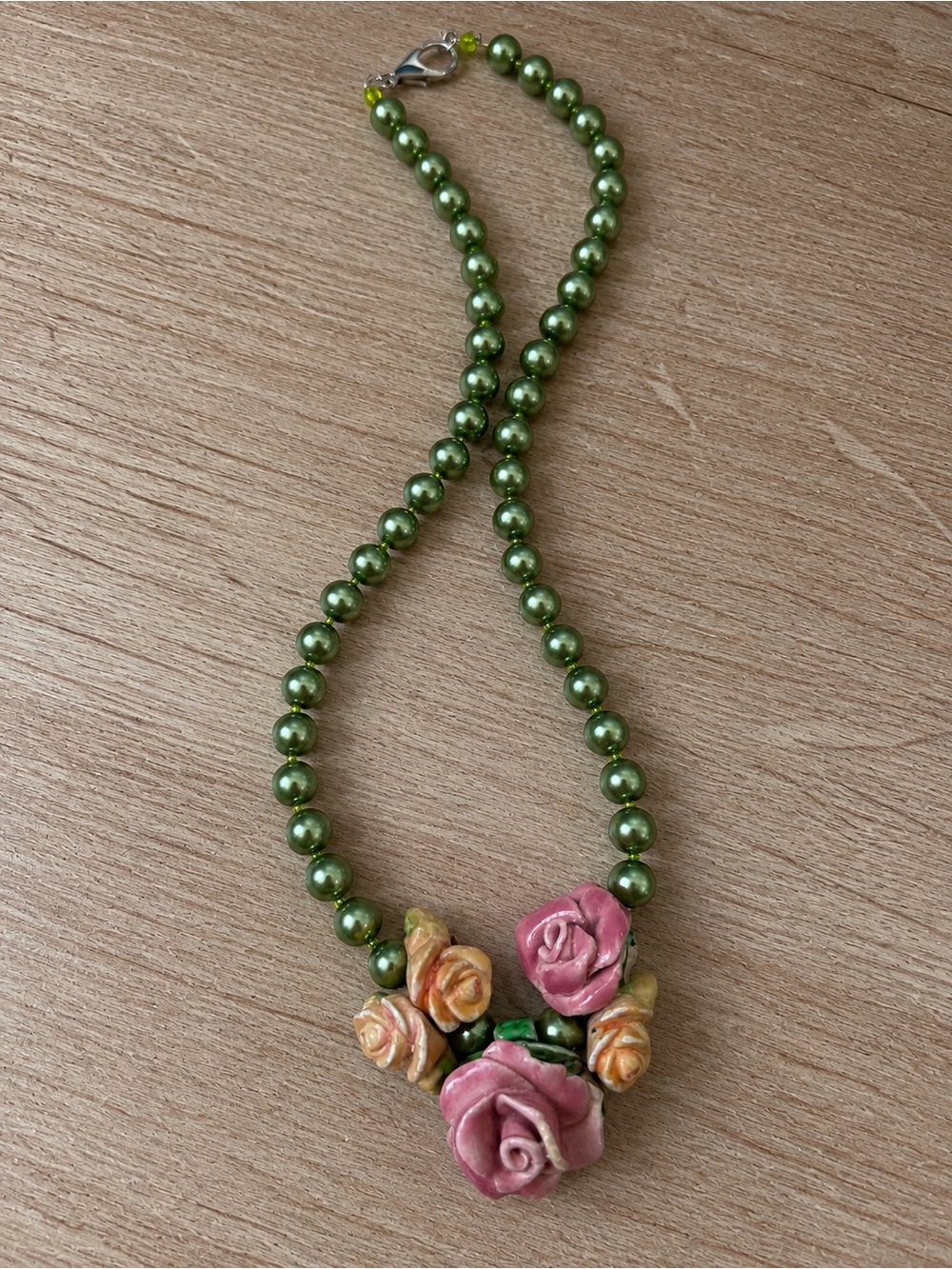 Vintage Ceramic Rose Floral Necklace Olive Green Pearl Style Beaded Romantic Cot